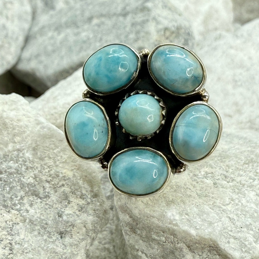Sterling Silver Larimar Floral Cluster Ring Size 10 Boho Southwestern 925 - Picture 5 of 17